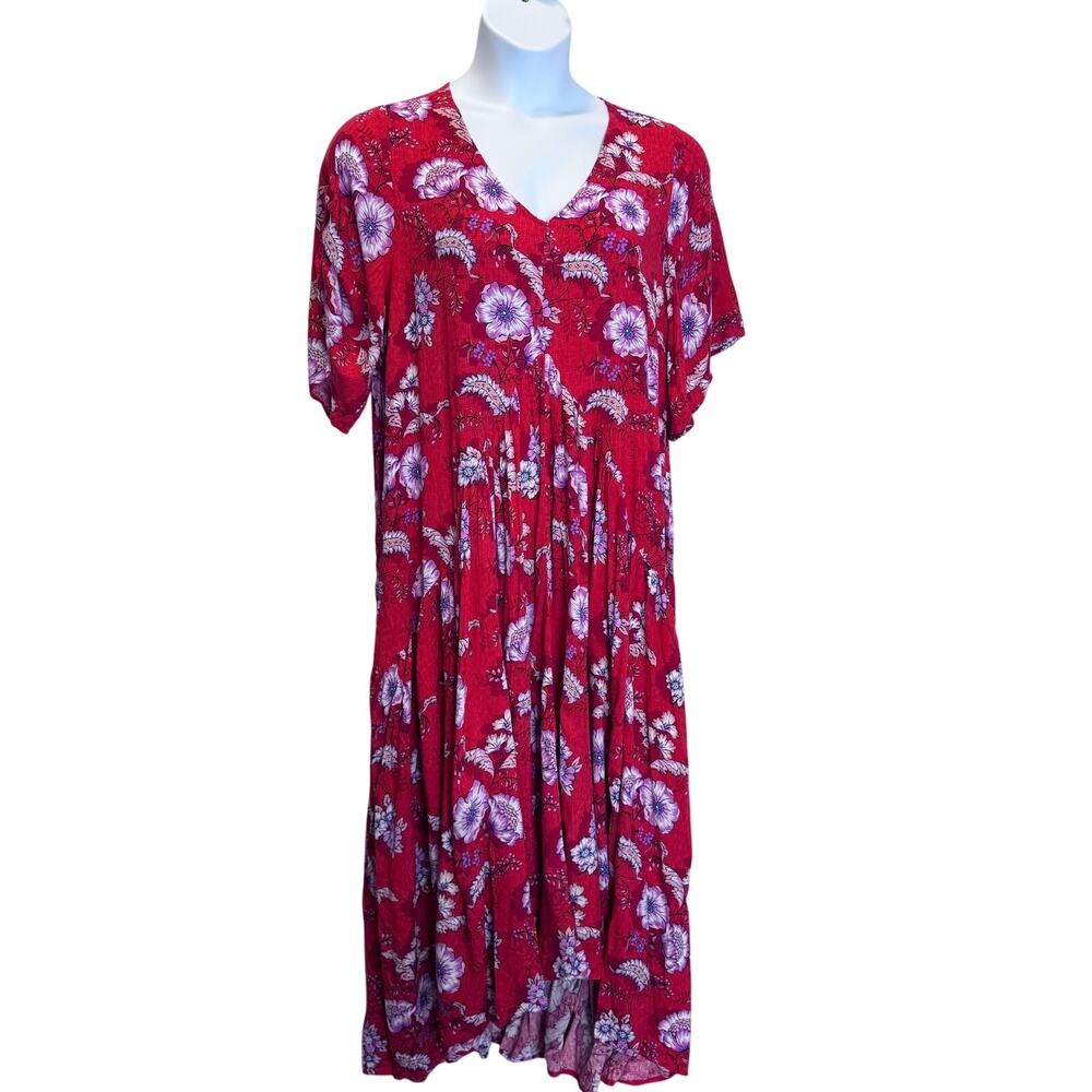 Avenue Red Floral Boho Maxi Dress Size 18 V-Neck Short Sleeve Viscose Plus Size